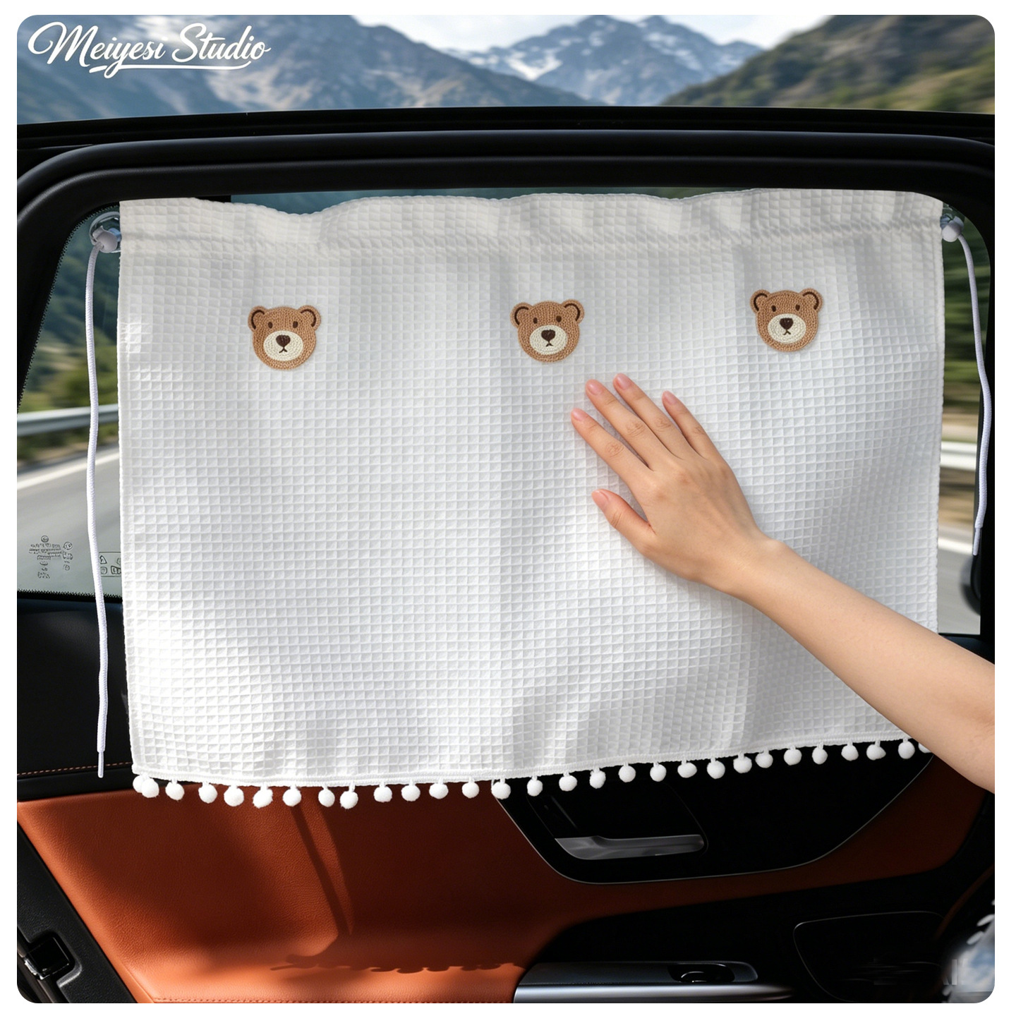 Car sunshade waffle curtain with suction cup attachment, cherry pattern, cartoon sun-blocking and heat-insulating car curtain