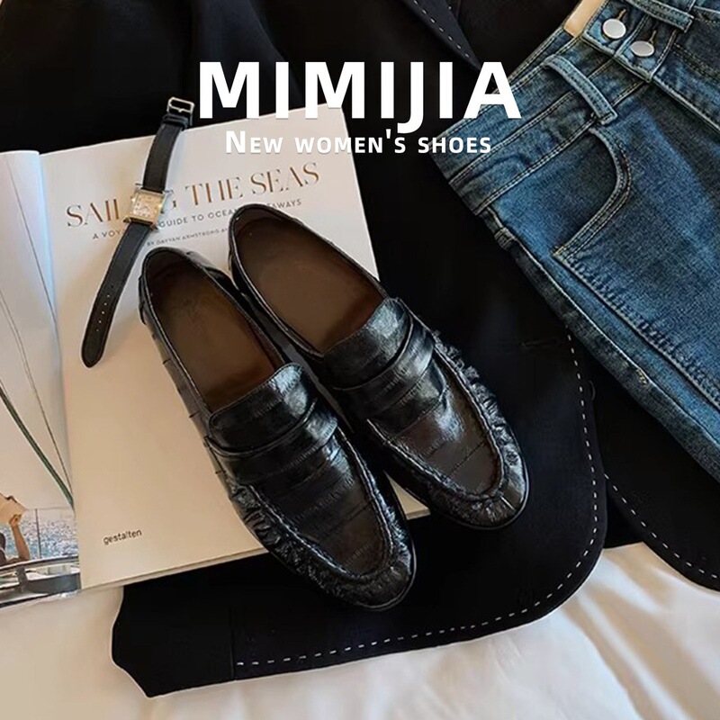 Sheepskin Version~Eel Skin Pleated Loafers for Women, Slip-On Retro Versatile Small Leather Shoes, Crocodile Pattern Flat Shoes