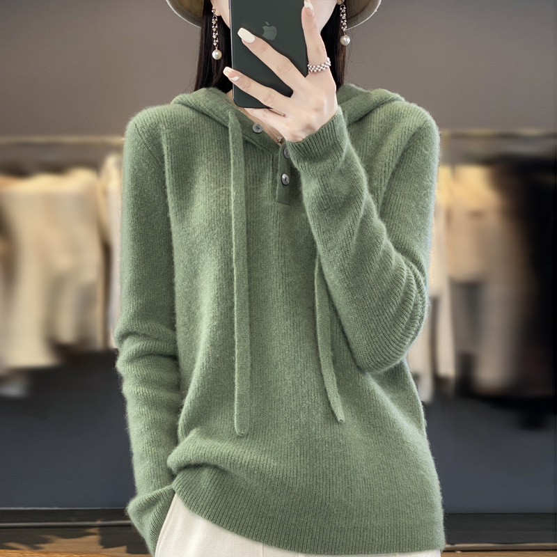 Korean Style Simple Casual Hooded Buttoned Sweater Slim Fit Early Autumn All-wool Knitted Hoodie Thickened