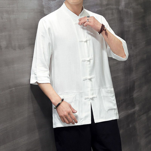Chinese-style linen five-button sleeve shirt for men, large size, retro style, Chinese Tang suit cotton linen short sleeve