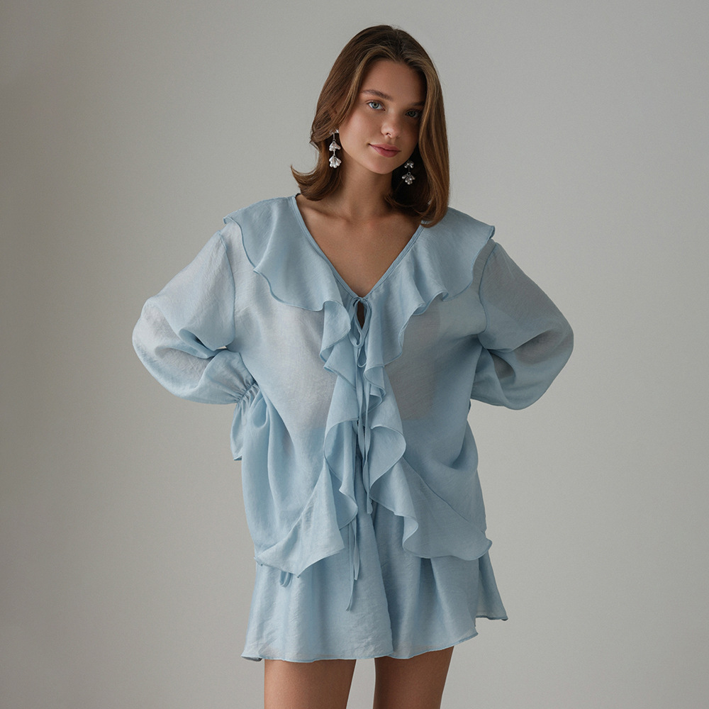 Women's French V Neck Ruffled Shirt And Shorts Set European American Style Summer Tie Front Clothing_ecoleips.com