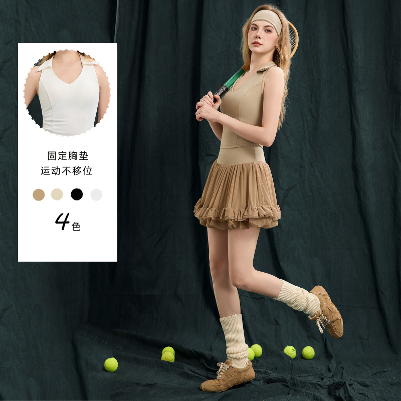 Women's Sports Vest with Fixed Chest Pads That Won'T Shift, Polo Collar Sleeveless Tennis Outfit Set with Mesh Pleated Short Skirt