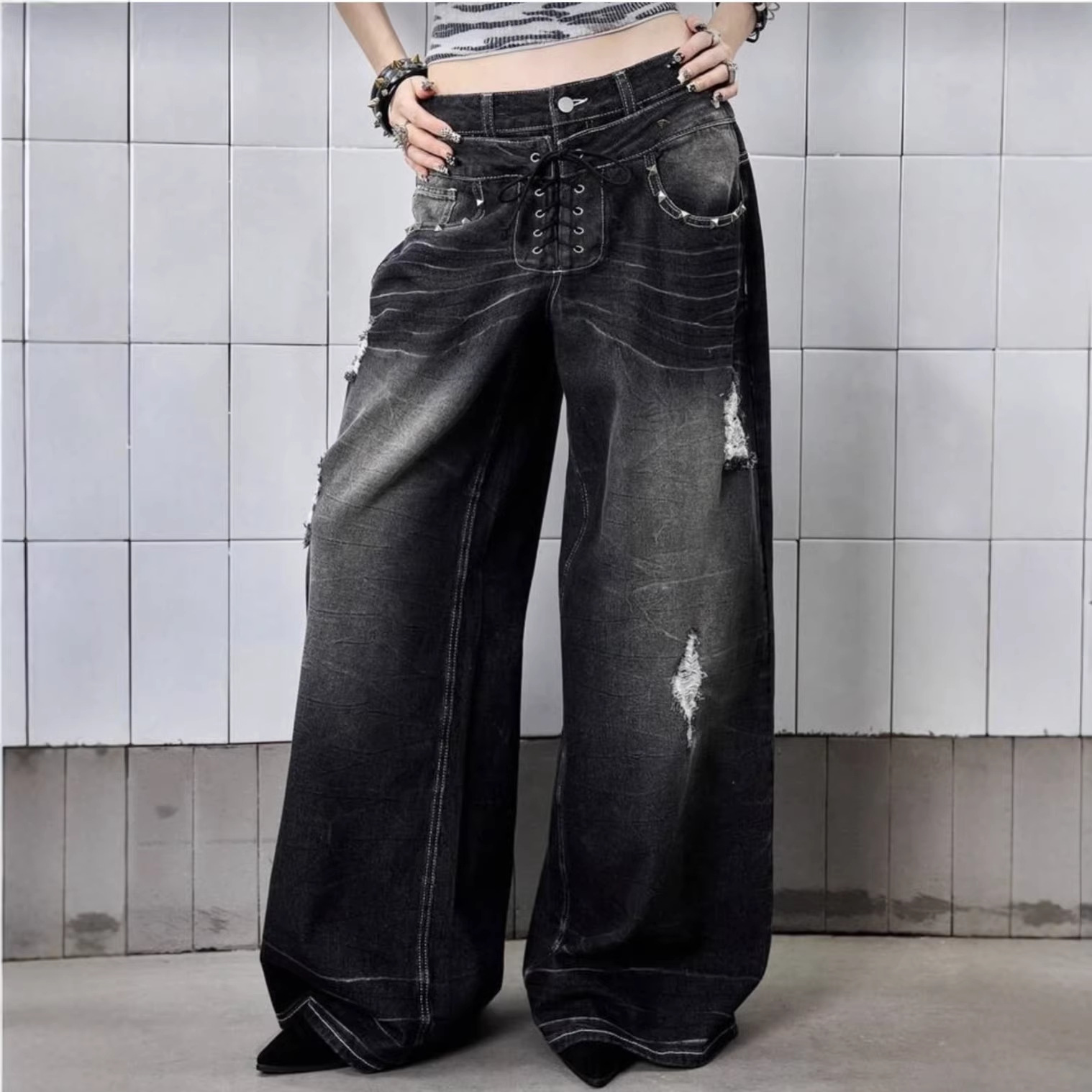 Transfronterizo americano y2k vaqueros lavados con agua gótico retro cinturón doble de diseño callejero pantalones para hombres y mujeres