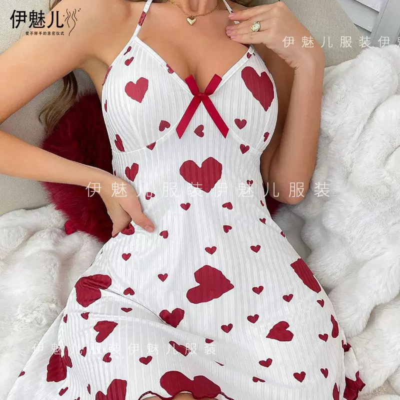 针织女欧美感印花睡裙爱心睡衣纯欲坑条设计系带甜美2025新款短裙