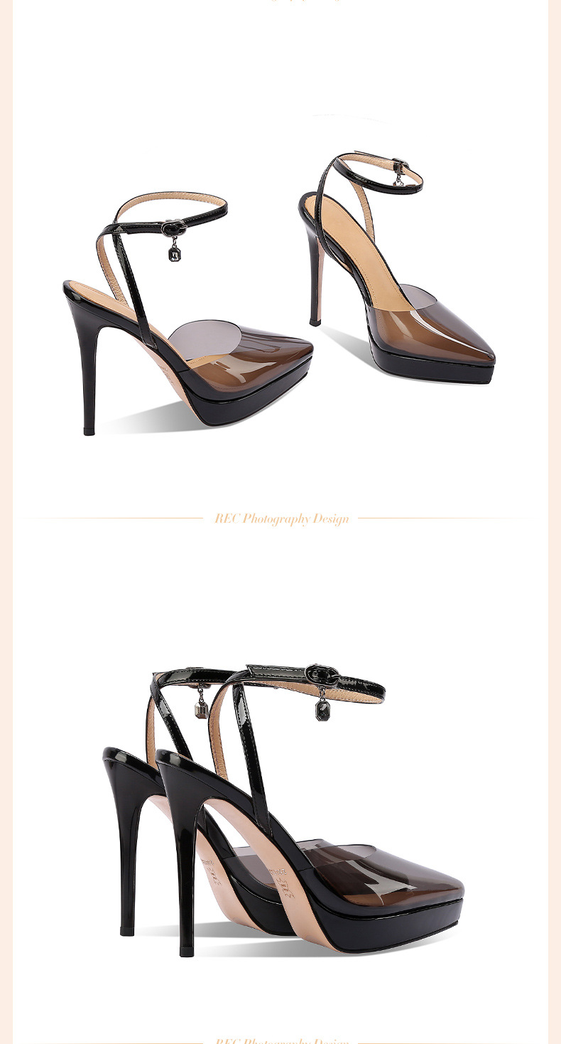 Sandal cao gót nữ bít mũi đế chống thấm da thật phong cách Roman gợi cảm đính đá rhinestone gót nhọn 12 cm — Màu đen chi tiết 3