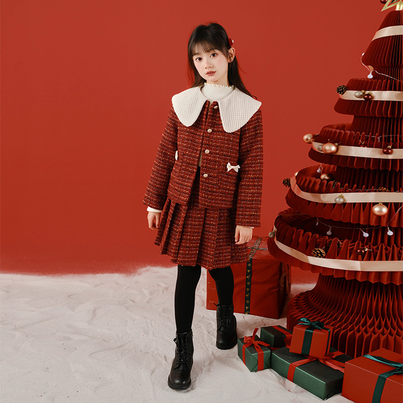 Ropa de otoño e invierno para niñas 2023 nueva Navidad Año Nuevo collar de muñeca Chaqueta de punto falda conjunto de dos piezas traje de niños medio y grande