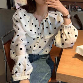 娃娃领长袖衬衫女2025春季新款韩系甜美风撞色波点单排扣休闲衬衣