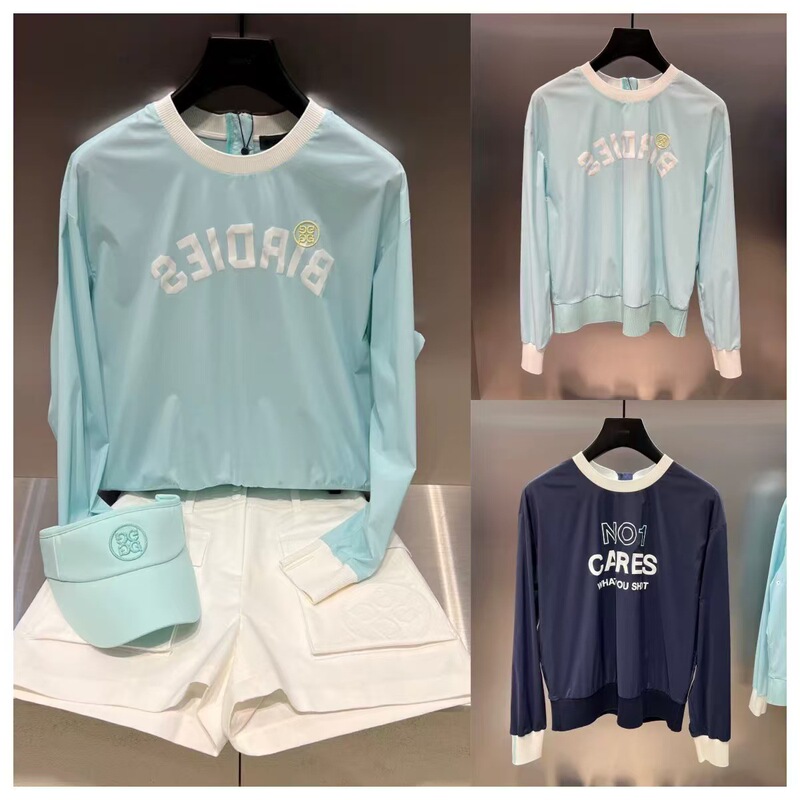 Golf Summer Sports Letter-Printed Long-Sleeved Sweatshirt for Women with Contrasting Color Lace Drawstring, Versatile Breathable Quick-Drying Windbreaker