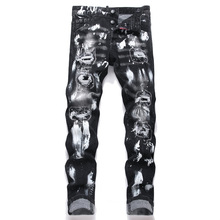 欧美2025朋克男式小直脚牛仔裤黑色破洞贴布油漆修身中腰裤D4047