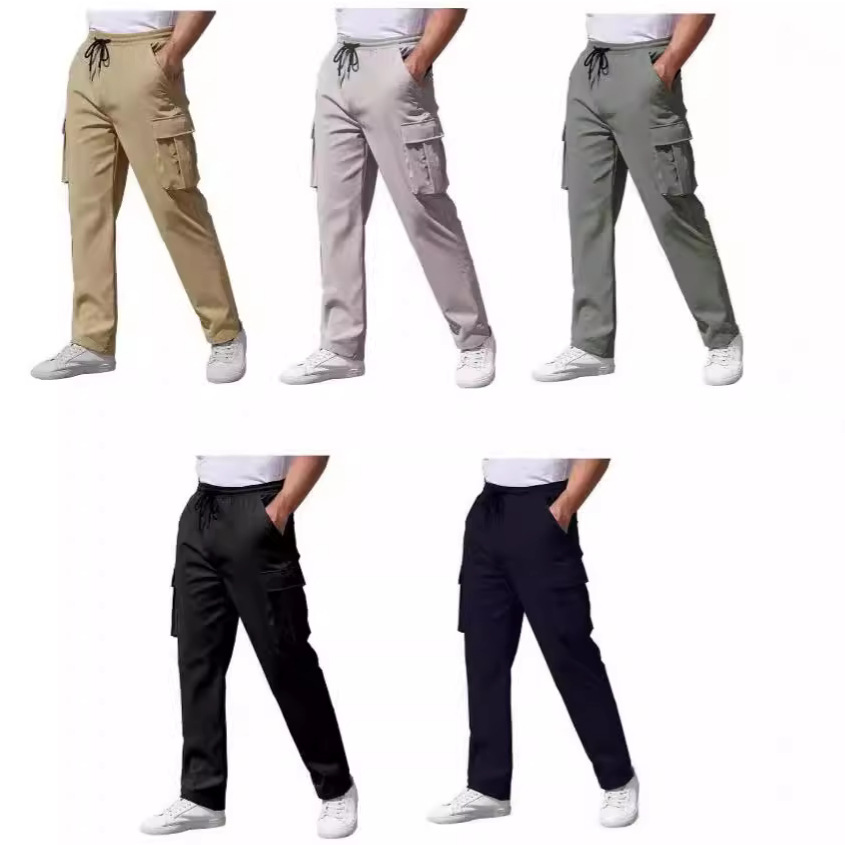 Amazon Temu Aliexpress 2024 Popular Men's Casual Polyester-Cotton Workwear Drawstring Multi-Flap Pocket Pants Pants