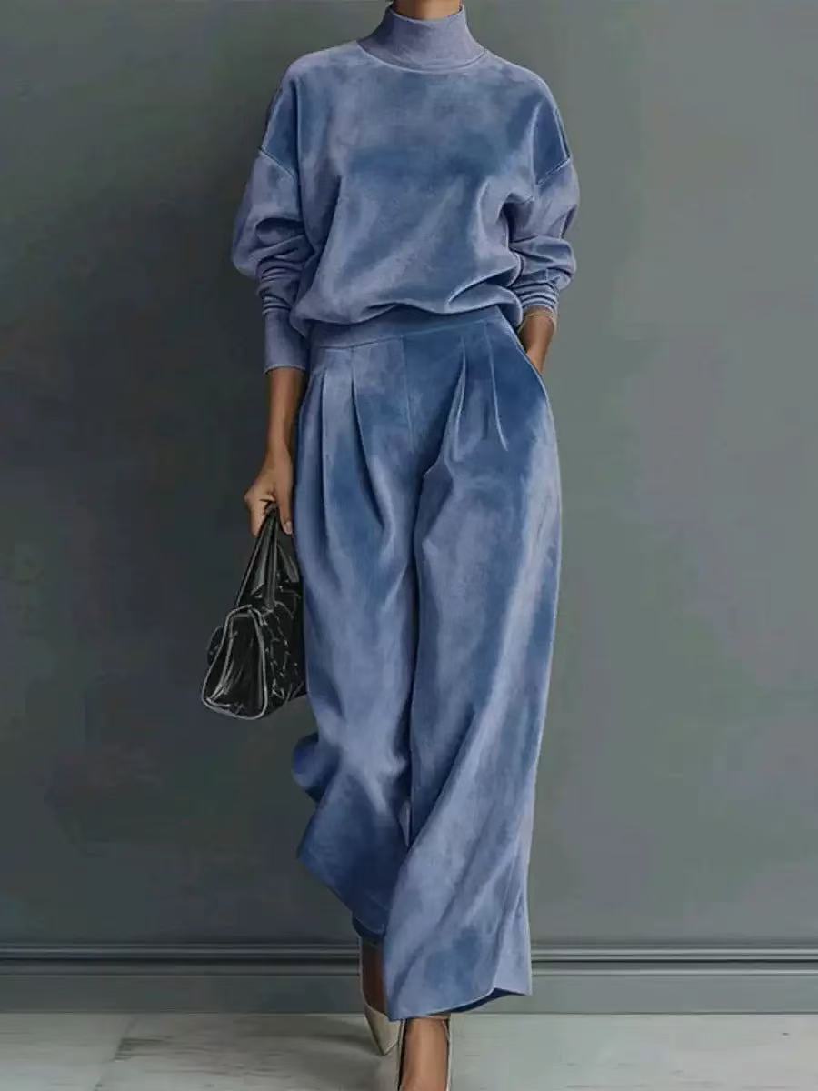 Damen Strick Zweiteiler Set Langarm Oberteil Und Weite Hose_voghion.com