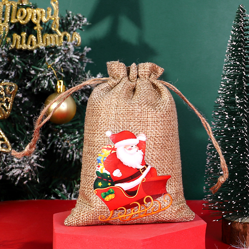 Transfronteriza nueva bolsa de lino de Navidad al por mayor bolsa de embalaje de caramelo con cordón decoraciones de Navidad bolsa de almacenamiento con cordón