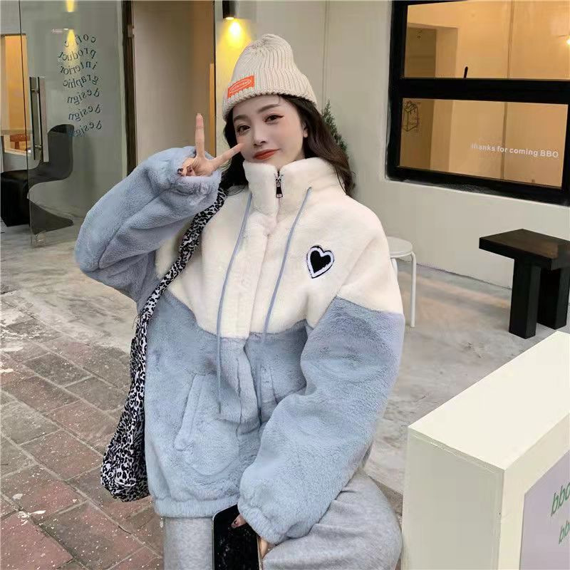 撞色拼接立领羊羔毛绒外套女2023秋冬宽松加棉加厚爱心刺绣仿皮草