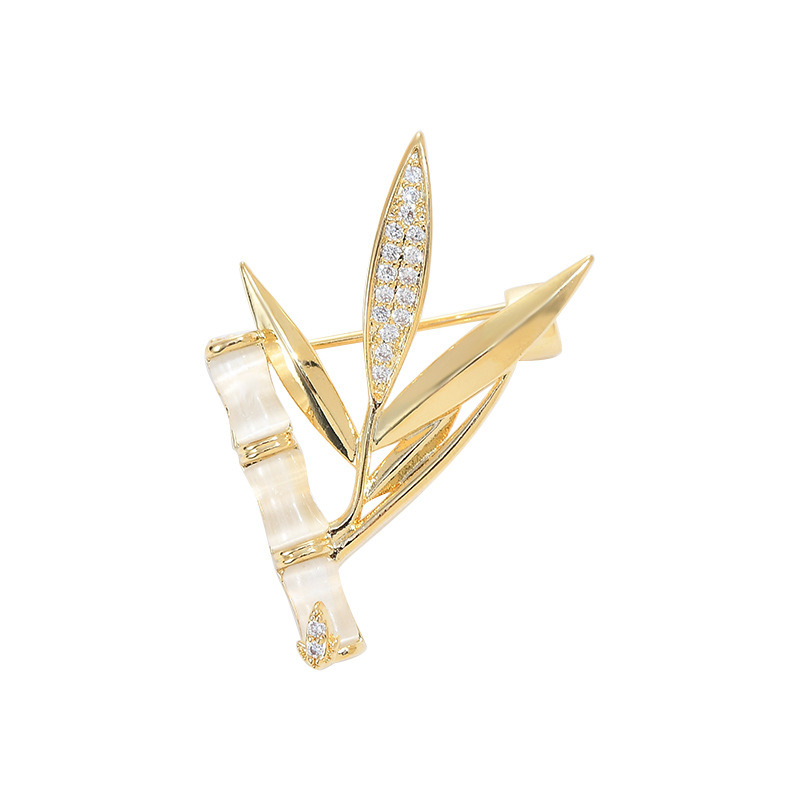 Oro verdadero, piedra de ojo de gato, piedra de bambú, pin de diseño, fiesta de flores de pecho, accesorios de broche anti-luz