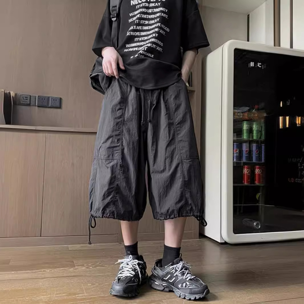 Yamamoto Style Dark Cropped Pants Men's Summer Ice Silk Quick-drying Crock Pants American Functional Wide-legged Paratrooper Pants