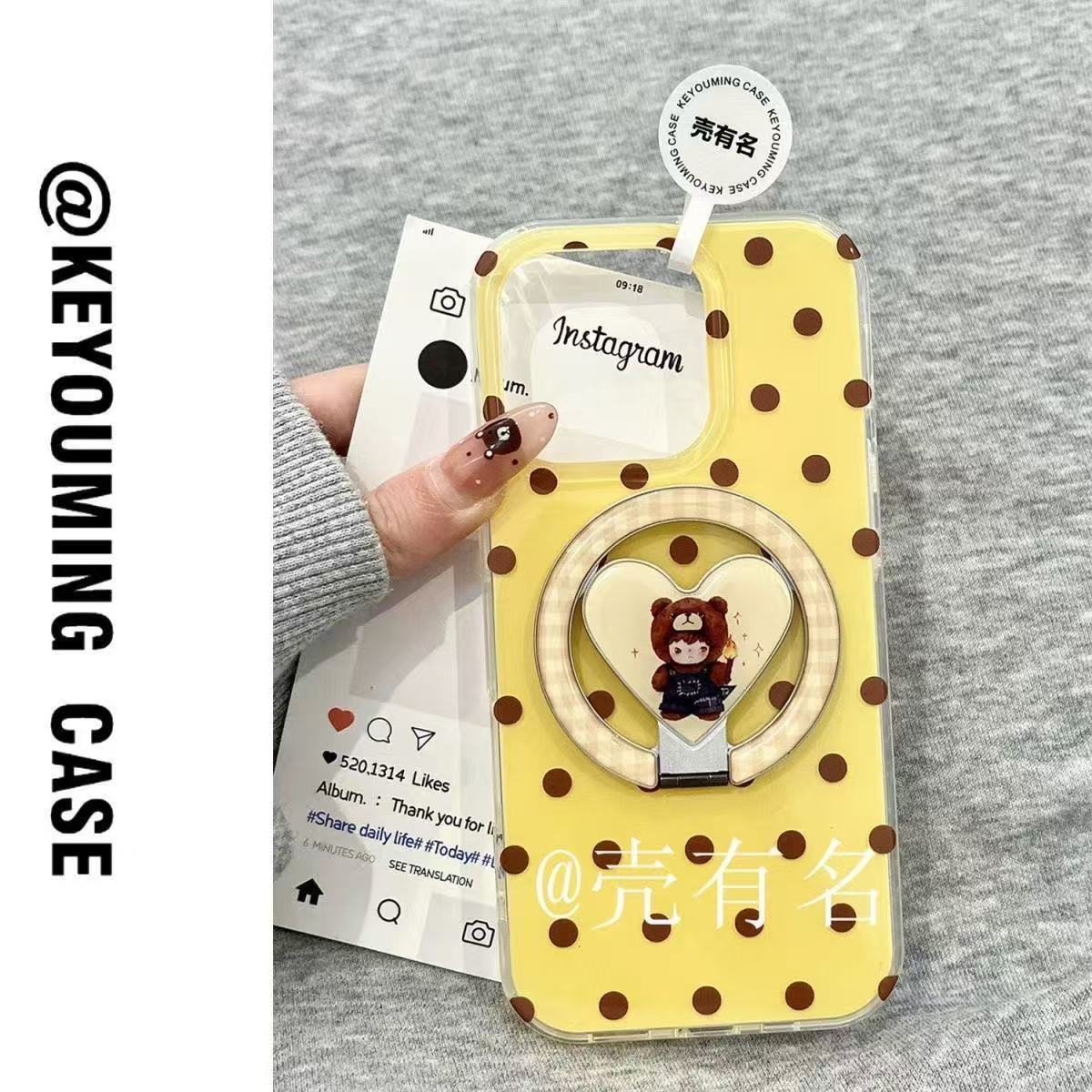 Brown Polka Dot Bear Puppet Ono Boy Foldableing Magnetic Stand Suitable for Apple 16 Mobile Phone Case Iphone15/14
