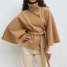 欧美女装秋冬季新款亚马逊跨境时尚纯色斗篷立领纽扣腰带风衣外套