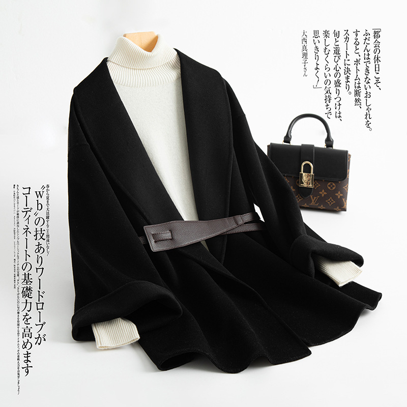 Double-Sided Cashmere Outwear Women's Mid-Length 2023 Autumn and Winter New Small Cape Black Woolen Outwear