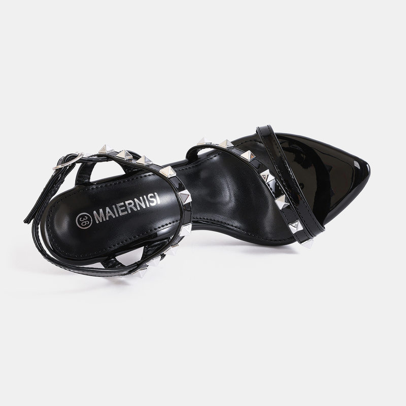 Sandal nữ quai ngang mũi nhọn gót nhọn siêu cao đính đinh tán kim loại, đế đỏ, phong cách Âu Mỹ — Màu be, Màu bạc, Màu trắng, Màu tím