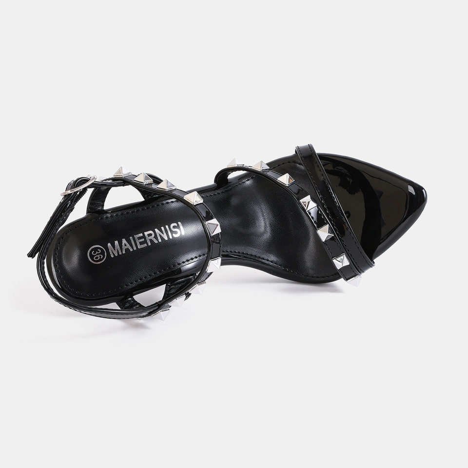Sandal nữ quai ngang mũi nhọn gót nhọn siêu cao đính đinh tán kim loại, đế đỏ, phong cách Âu Mỹ — Màu be, Màu bạc, Màu trắng, Màu tím