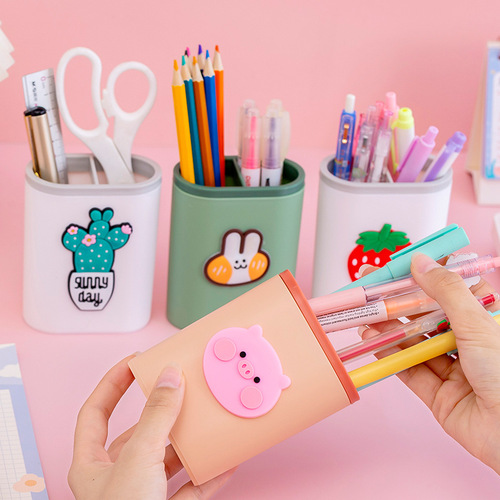 INS Creative Double Grid Pen Holder Girly Heart Cartoon Student Office Desktop Multifunctional Separation Storage Box Ornaments
