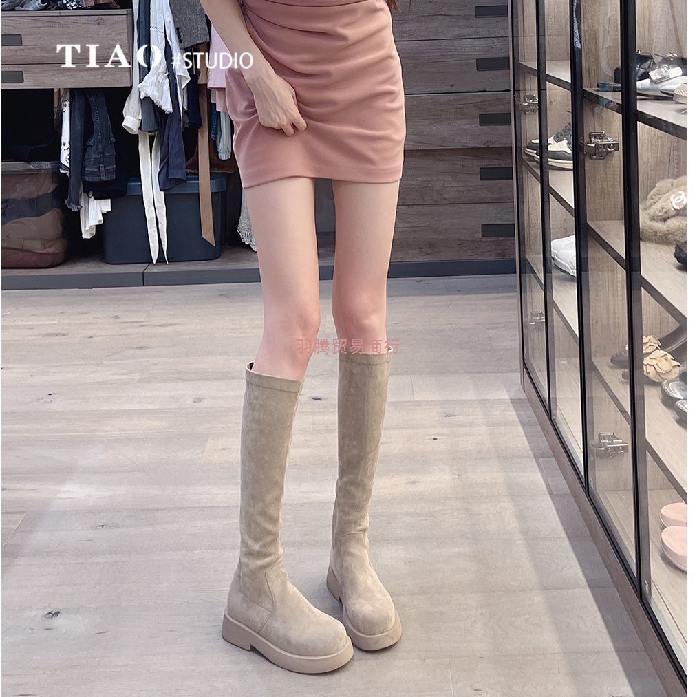 秋季新款后拉链显瘦长靴子女中筒秋冬平底骑士靴低跟不过膝瘦瘦靴