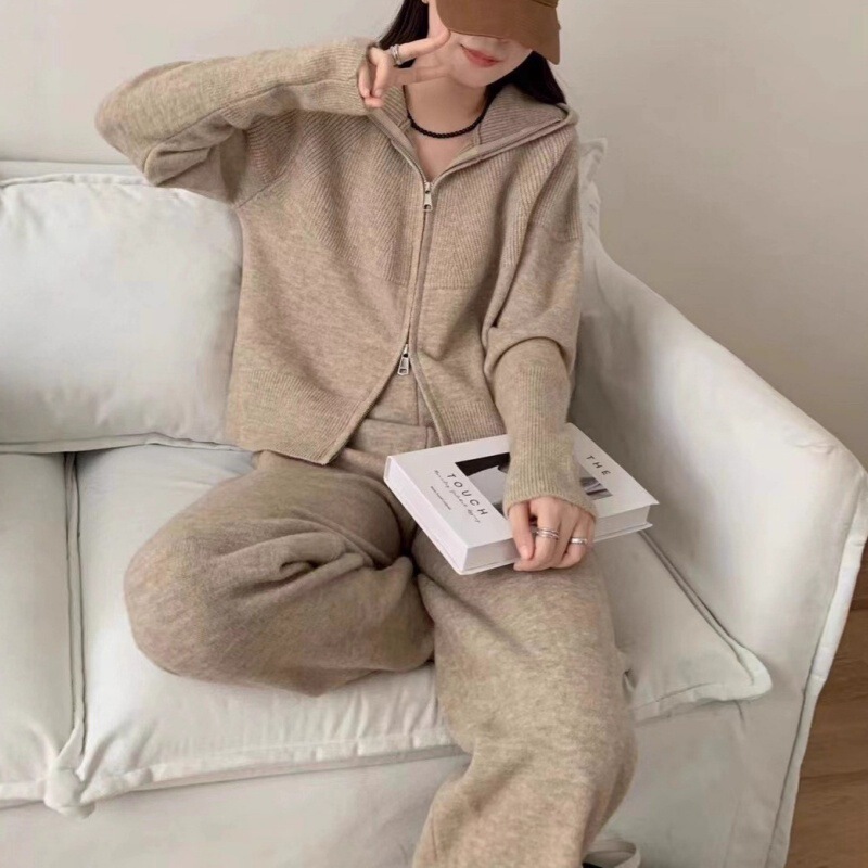 连帽拉链针织套装女秋冬新款时尚高级感气质毛衣阔腿裤女装两件套|undefined