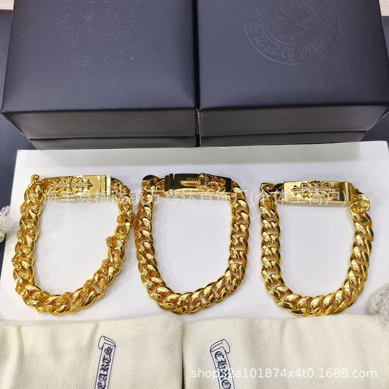 Crowe's New Golden Long Cross Flower Bracelet Glossy Half Flower Chain Cuban Chain Sword Classic Men's Style