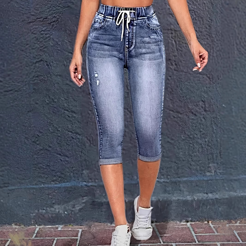Cross-Border European and American Style New Women's Denim Elastic Waist Three-Point Drawstring Mid-Waist Ripped Slim Stretch Jeans