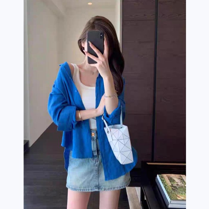 浅蓝色亚麻长袖防晒衬衫女夏薄款休闲宽松百搭老钱风棉麻白色衬衣|undefined