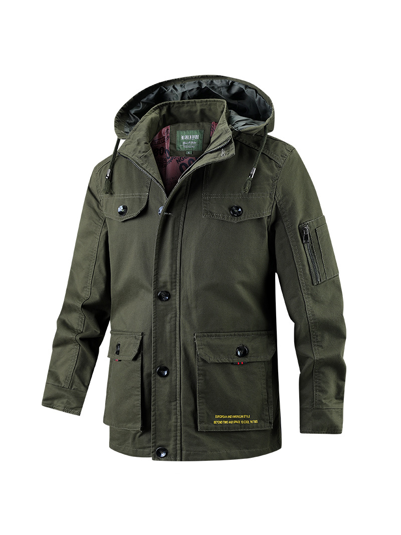 Suministro exclusivo transfronterizo de chaquetas para hombre, nuevo estilo de primavera y otoño, cuello alto, casual, capucha desmontable, talla grande, longitud media, tejido de algodón puro.