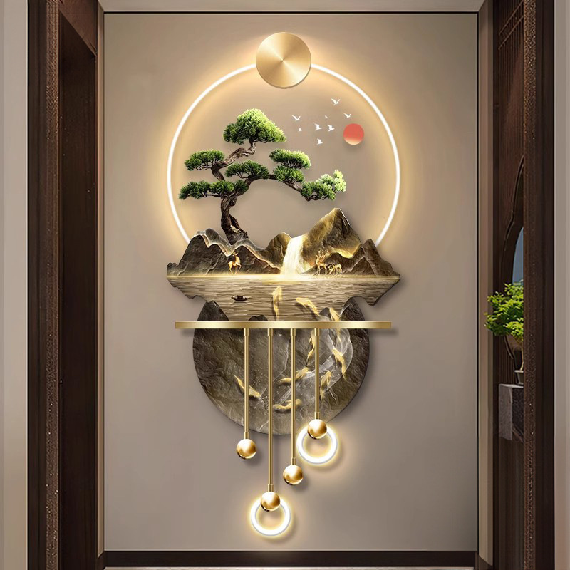 Fu Lu Jiuyue puerta de entrada decoración pintura nueva pintura de estilo chino cuelga pintura al final del pasillo de alta sensación estereoscópica lujosa lámpara mural luminosa