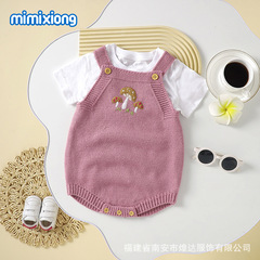ins ホット販売クロスボーダー幼児ニット三角ロンパースかわいいキノコ刺繍女の赤ちゃんサスペンダーロンパース