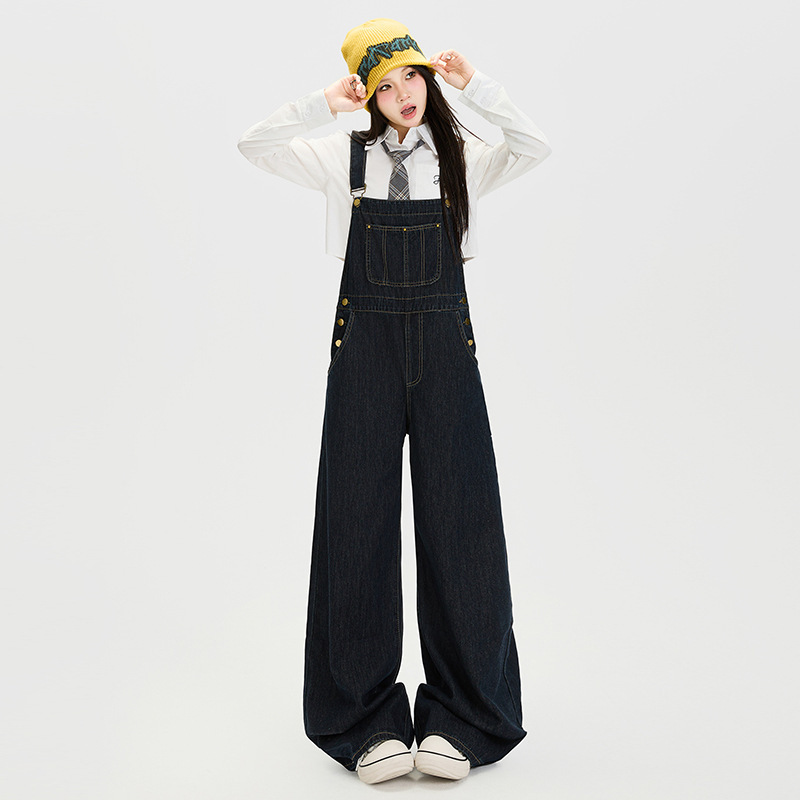 丹宁蓝阔腿牛仔背带裤女2025早秋新款百搭复古宽松显瘦垂感连体裤|undefined
