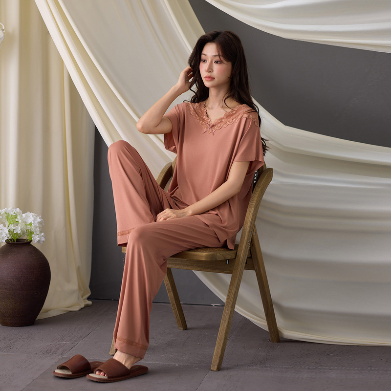 Women's Summer Modal Short-Sleeve Long Pants Pajamas 2026 New Thin Cool Large Size Spring and Autumn Home Wear with Chest Pads