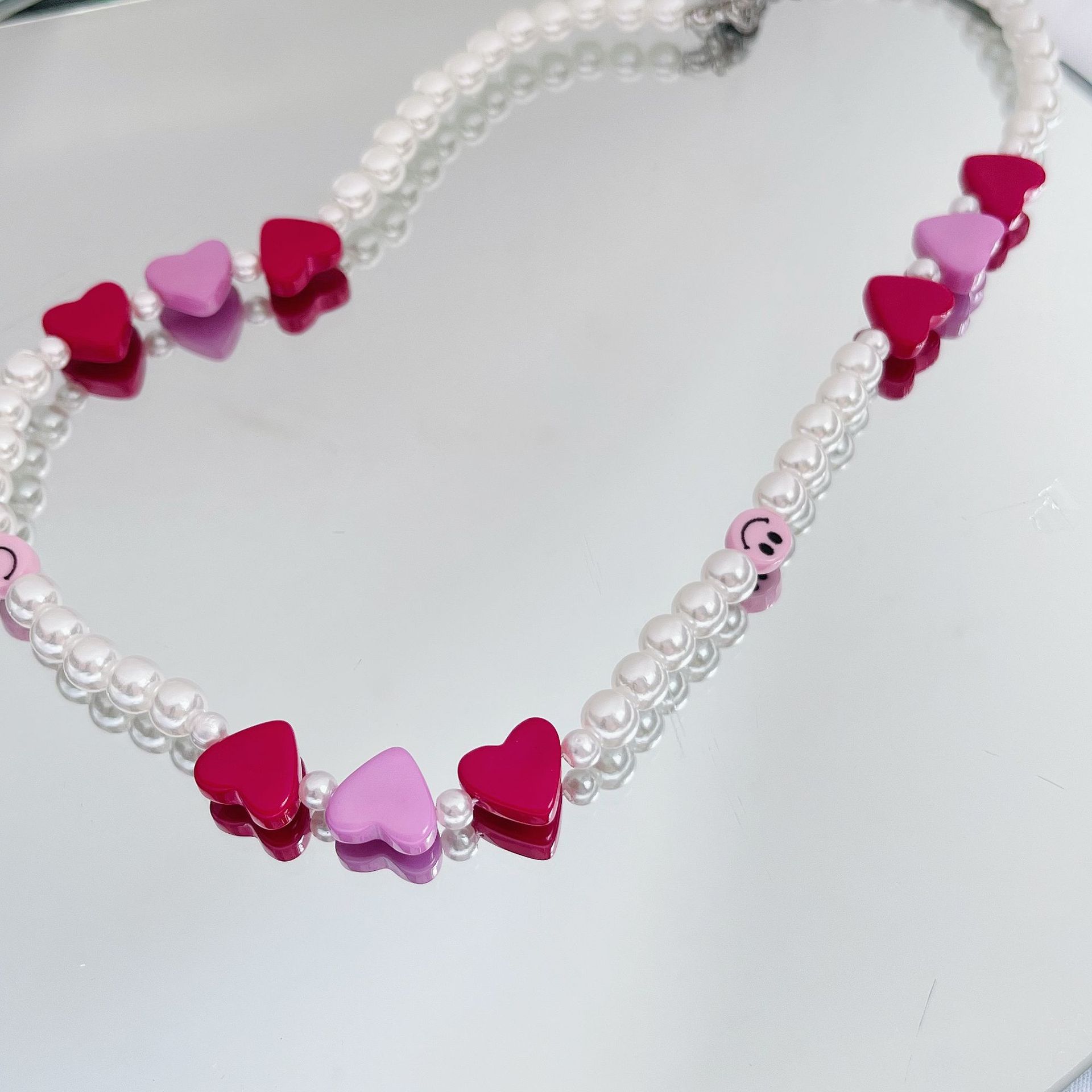 Fashion Pink Pearl Heart Smiley Beaded Necklace