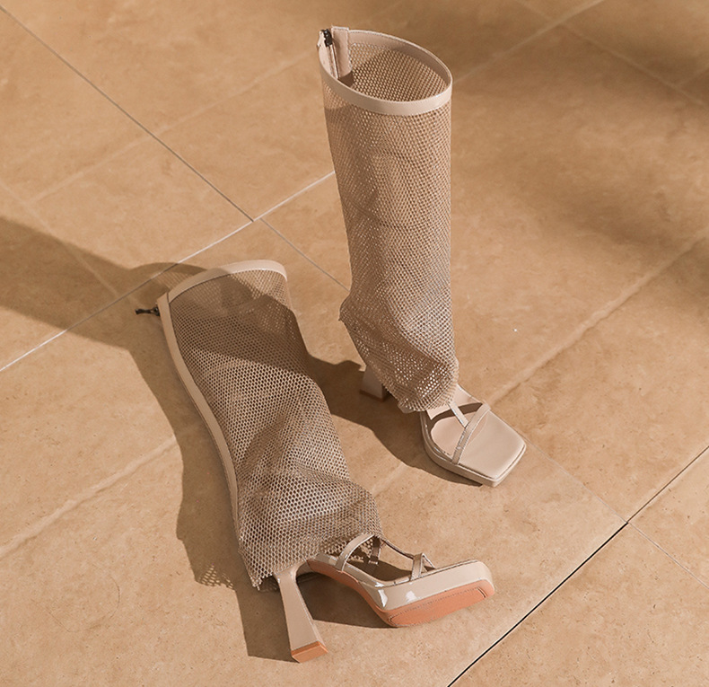 Sandal cao gót nữ mũi vuông hở ngón, quai lưới thoáng khí, gót 11 cm, khóa kéo sau — Màu nude - 11cm chi tiết 9