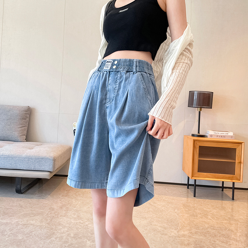 Tencel elastic waist Denim wide leg pants women's five-point pants summer new plus size chubby girl loose cool feeling five-point shorts