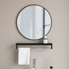 圓形浴室鏡子帶置物架免打孔衛生間家用公寓工程掛牆鏡化妝鏡廁所
