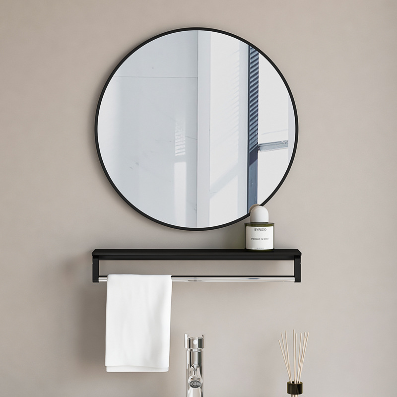 Round bathroom mirror with storage rack punch-free toilet home apartment engineering wall-mounted mirror cosmetic mirror toilet