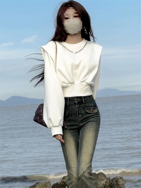 Niche Design Chain Round Neck Belted Sweatshirt Mirade New Long-Sleeved Puff Sleeve Top for Women Autumn and Winter