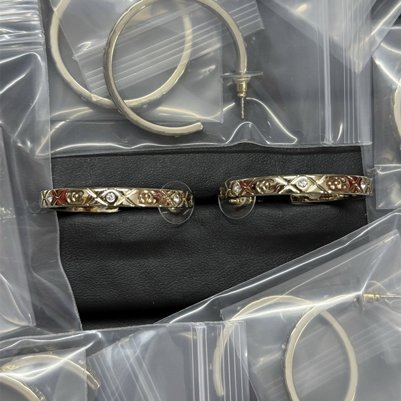 New Style Chanel-Inspired Quilted Double C Letter Hoop Earrings with Rhinestones, Versatile High-End Women's 925 Silver Needle Earrings Wholesale