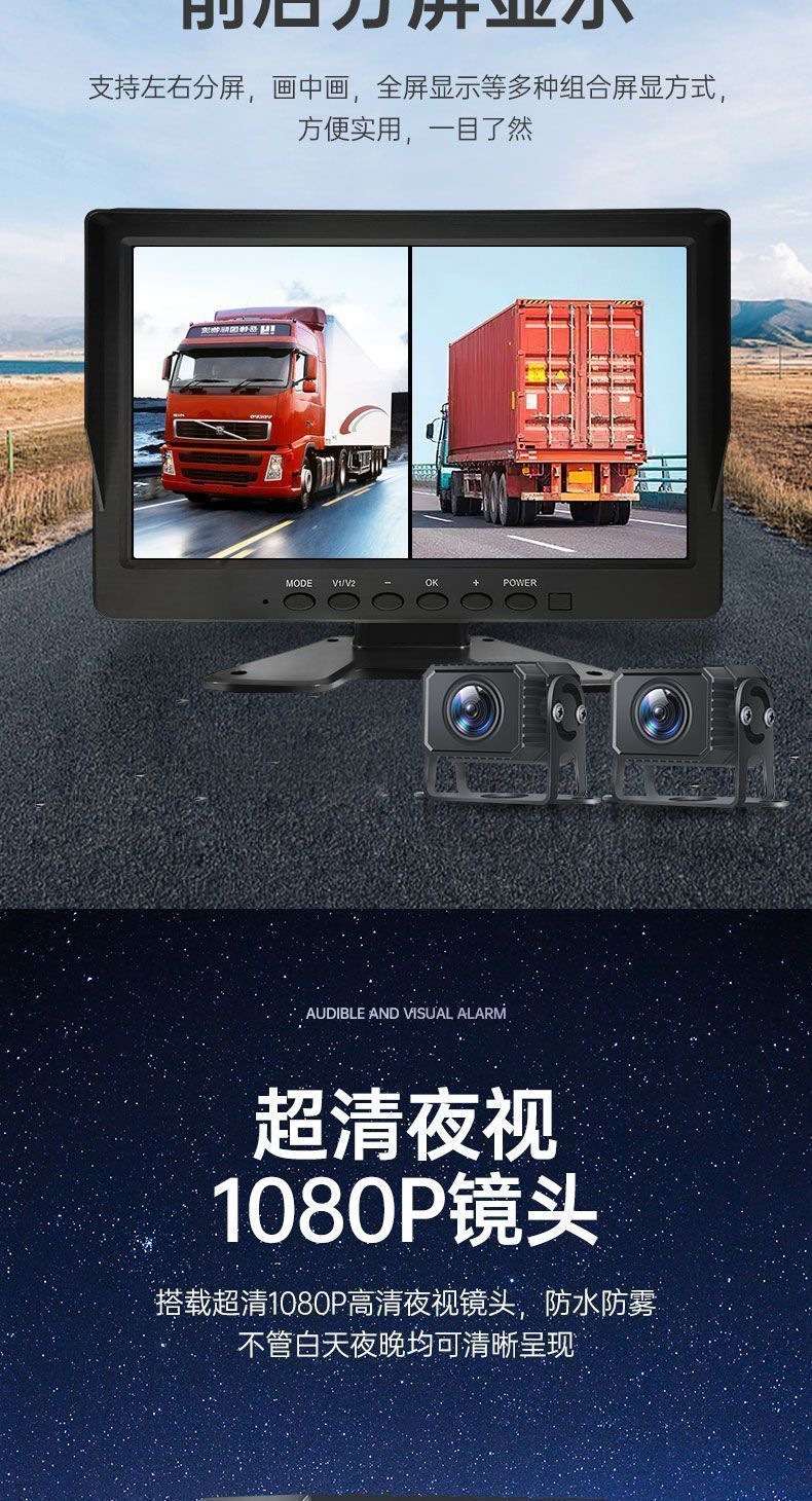 High-Definition Night Vision Dashcam for Large and Small Trucks, Dual Front and Rear Cameras, Integrated Reversing Camera for Semi-Trailers, 24V/12V