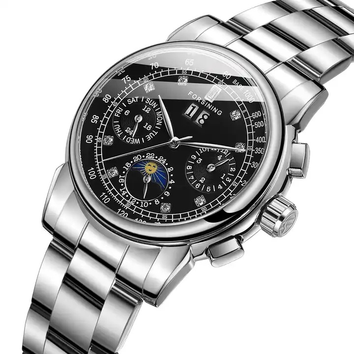 Forsining mujer moda casual movimiento mecánico multifuncional reloj mecánico automático correa de acero Sun Moon Star