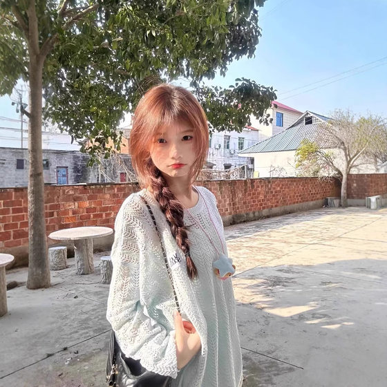 Korean Style Thin Long-sleeved Hollow-out Sunscreen Knitted Sweater Women's Summer Lazy Style Loose Top for Small Women
