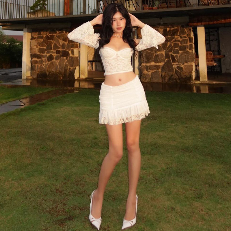 Xeemilo Franse elegante kant doorzichtige crop top met lange mouwen en ruches slanke skinny minirokken avondfeest dames 2-delige set_voghion.com