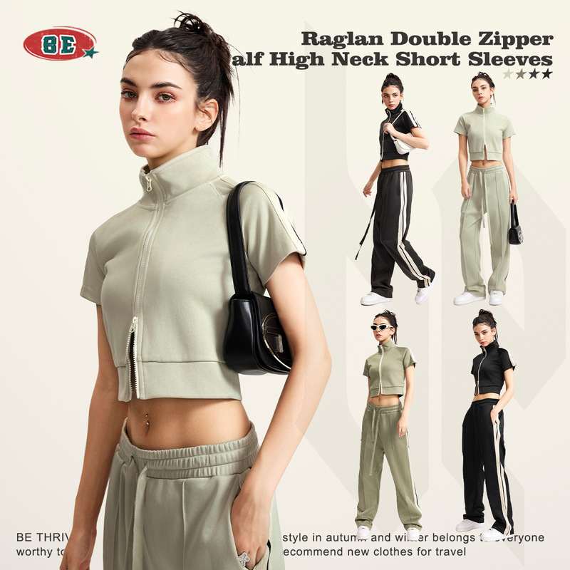 BE Women's 2025 Fashion Brand Half-high Neck Double Zipper Cardigan Short-sleeved Women's Spring and Summer Sports Contrast Color T-shirt suit Women BE Women's 2025 Fashion Brand Half-high Neck Double Zipper Cardigan Short-sleeved Women's Spring and Summer Sports Contrast Color T-shirt suit Women