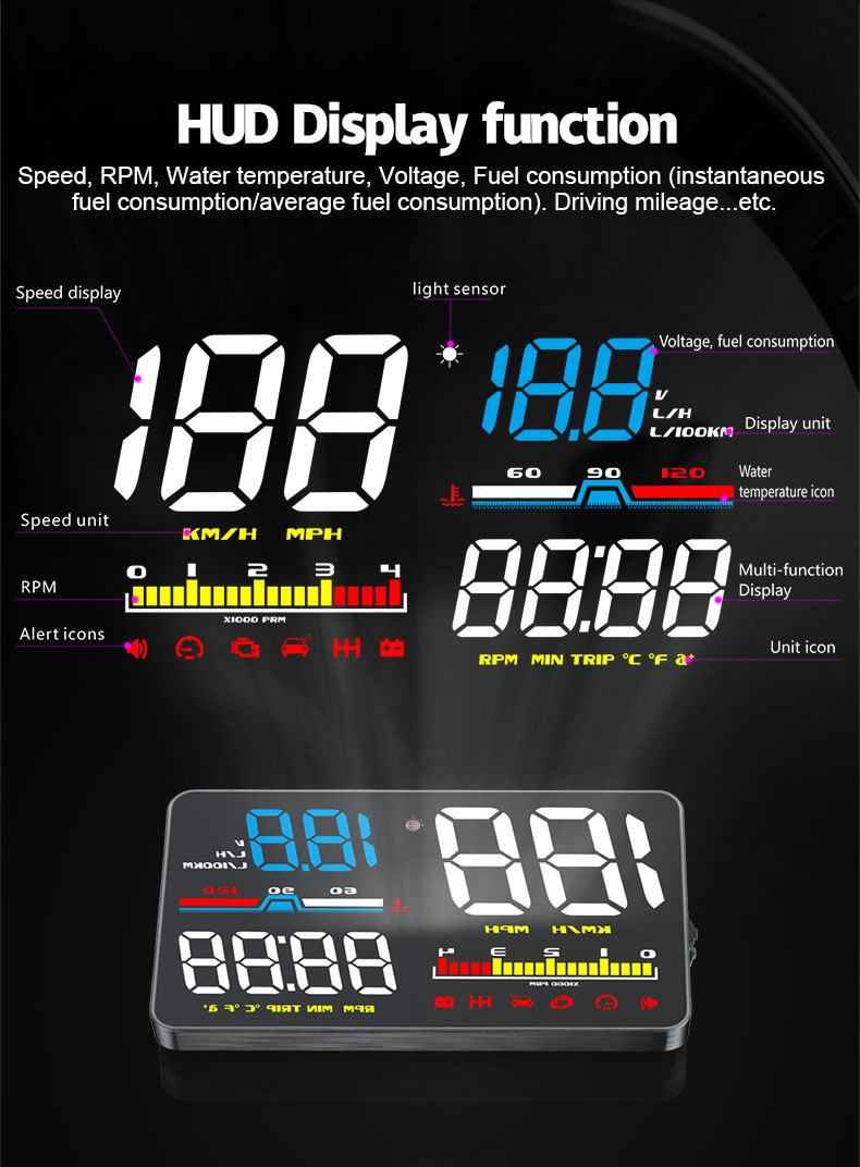 Car Head-Up Display Obd High-Definition Hud Vehicle Head-Up Display Instrument Speedometer Water Temperature Fuel Consumption Meter Cross-Border Exclusive Supply