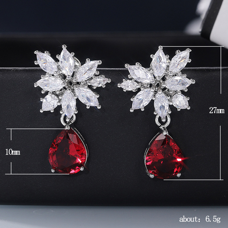 Fashion New Inlaid Water Drop Pear-shaped Red Zircon Copper Earrings Wholesale display picture 1