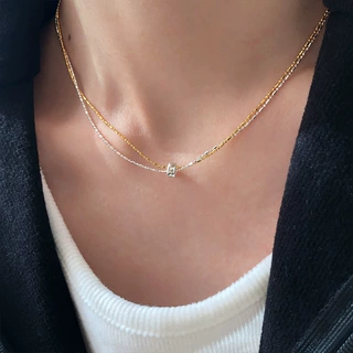 S925银金银撞色双层链条圆珠项链女简约百搭高级感小众豆豆锁骨链